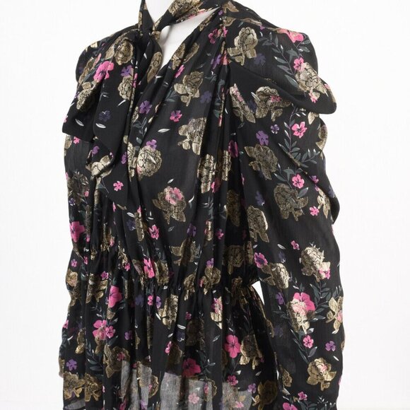 Zara Blouse Shirt XS Tied V-Neck Black Floral - Picture 4 of 7